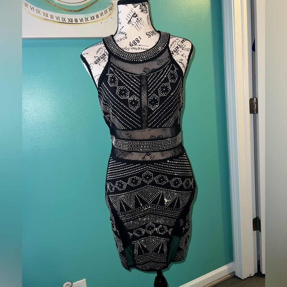 Akira Sexy Mesh Cutout Rhinestone Midi Dress - Size M